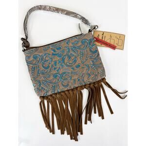 Justin Convertible Bag Wristlet Brown Blue Embossed Leather Fringe Western New